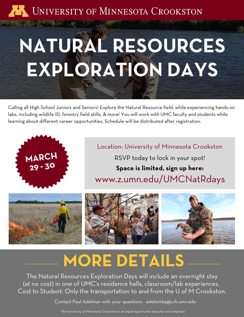 UMCadmissions's tweet photo. New rescheduled dates for Natural Resources Exploration Days have been released! Sign up today!

https://t.co/J6P0XvUMYt https://t.co/J1JK7ReT4b