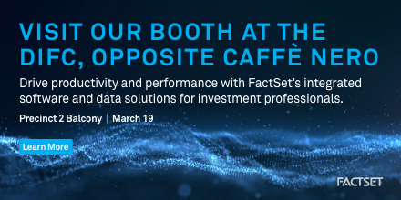 FactSet's tweet photo. Learn how we can help with your investment workflow challenges, and drive productivity and performance with our integrated software and data solutions for investment professionals. Stop by our booth on March 19 Precinct 2 Balcony, Opposite Caffè Nero. #FactSetPowerUp #DIFC #Dubai https://t.co/Fq1I8YUVHX