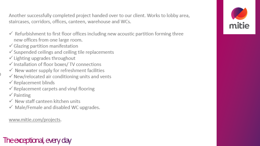 JCrosbyMPS's tweet photo. Another successfully completed project handed over to our client. Refurbishment works to lobby area, staircases, corridors, offices, canteen, warehouse and WCs. Can Mitie help? Drop me an email for more info jade.crosby@mitie.com or visit https://t.co/k6SnR8wG0d #London #refurbs https://t.co/hFV0akptlK