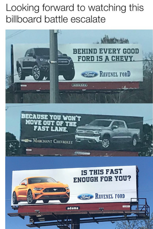 RavenelFord's tweet photo. We have commenced return fire in the billboard war! They will remember our name for all time! ⚔️ #teamravenelford @MensHumor #chs #MondayMotivation https://t.co/Oa3GiXyMB5