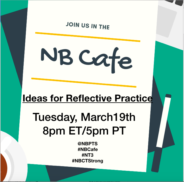 aqlobo's tweet photo. Join me and @KylaMJohnson for Reflective Practice twitter chat Tuesday, March 19th
#NBCafe @NBPTS https://t.co/TMJrmGVLK2