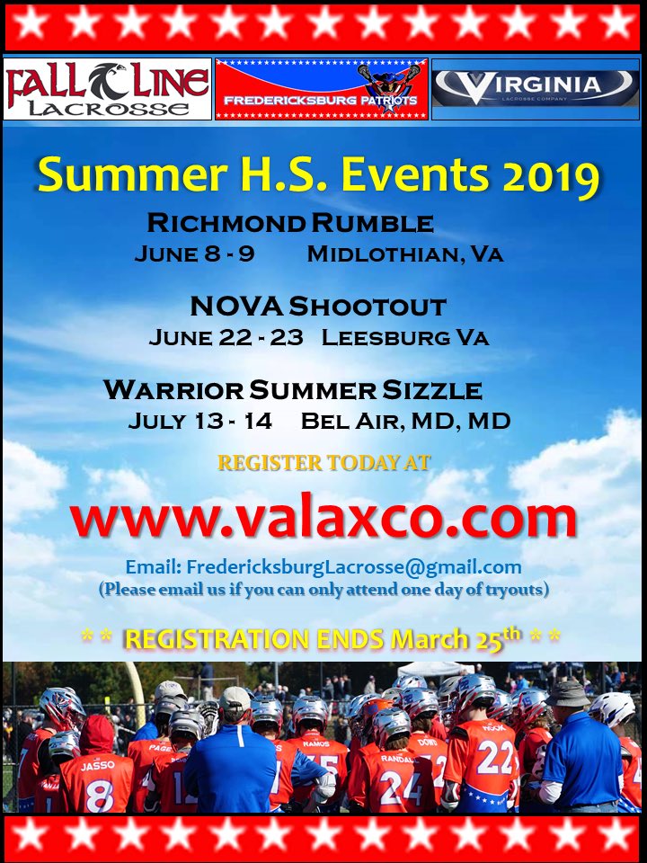 ⁦<a href="/falllinelax/">Fall Line Lacrosse</a>⁩ ⁦<a href="/valaxco/">valaxco</a>⁩ @fxbgpatriiotslax are all inviting local area HS players to join FXBG Patriots this summer. Amazing coaches and working out at ⁦<a href="/UMWathletics/">UMW Athletics</a>⁩ facility equals sensational opportunities. Register NOW