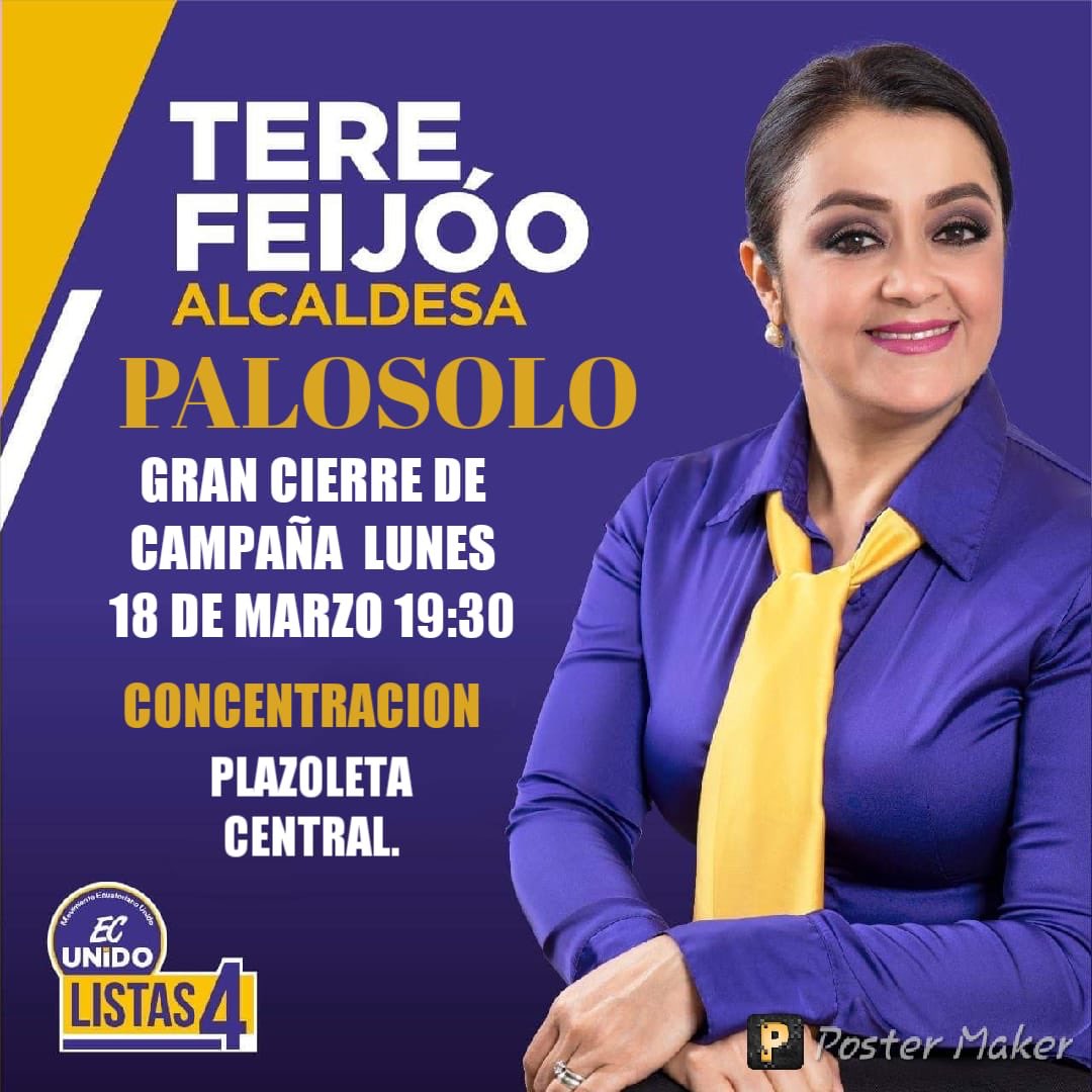 Acompáñanos al cierre de campaña en el sitio Palosolo. Hoy, desde las 19:30, en la plazoleta central, sellaremos el compromiso de convertir a Piñas en una ciudad llena de progreso y bienestar. #TeresitaAlcaldesa #PiñasUnido #VotaTodo4