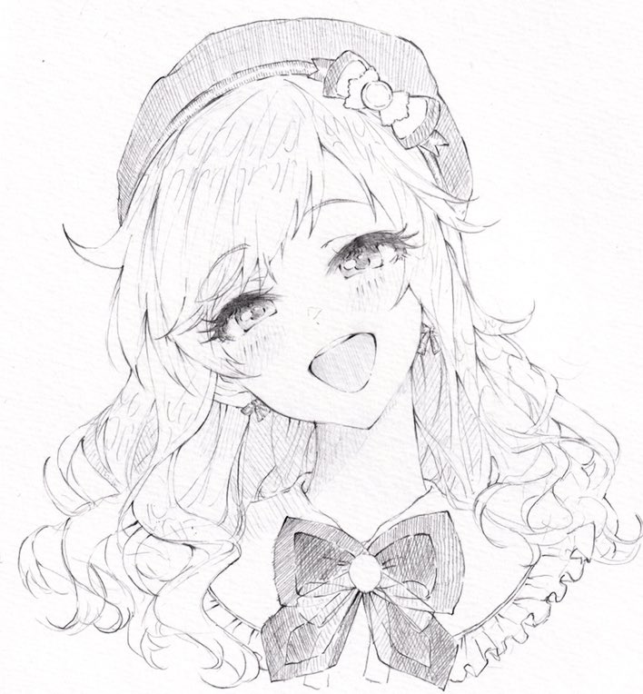 ohtsuki yui 1girl solo monochrome greyscale hat smile looking at viewer  illustration images