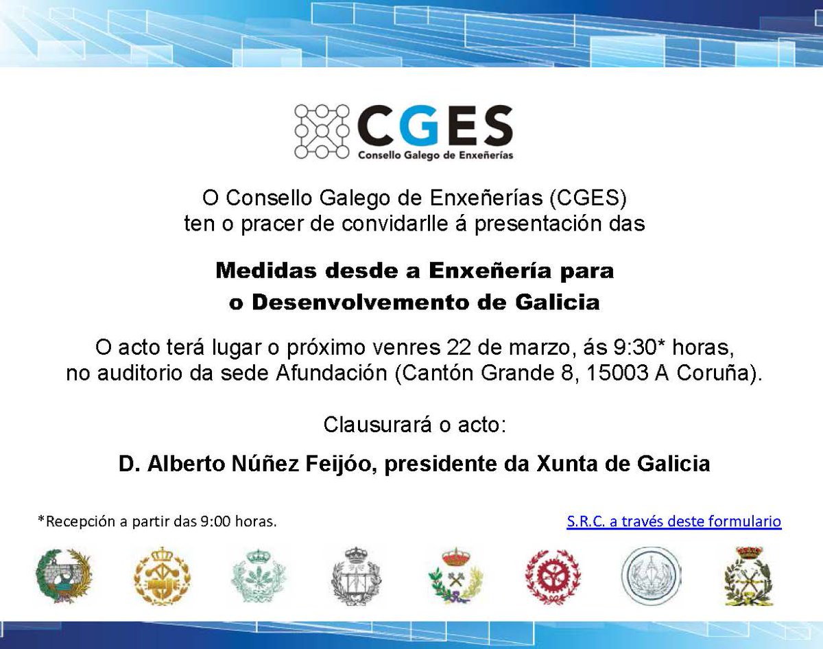 oriolsarmiento's tweet photo. Desde el Consello Galego de Enxeñerías (CGES) celebramos este viernes en A Coruña, el acto de presentación de las "Medidas desde a Enxeñería para o Desenvolvemento de Galicia", que cerrará el presidente @FeijooGalicia No te quedes sin plaza! https://t.co/mZpdh3KxGq https://t.co/DlSe8dYdzs