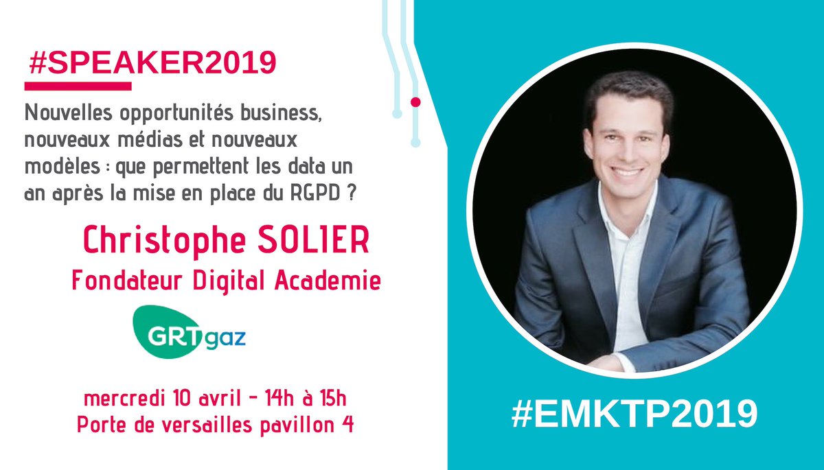 EMarketingParis's tweet photo. Et si votre transformation numérique passait avant tout par vos employés ? C'est le parti-pris de @Chris_SOLIER, Fondateur de la Digital Academie de @GRTgaz , qui sera présent à #EMKTP2019 pour parler data et RGPD. Ne le manquez pas ! → https://t.co/y5HXdHhu7Z https://t.co/ePIEqRoWT5
