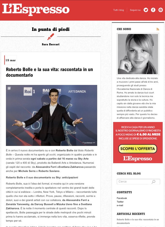 sarazuccari's tweet photo. My article for @espressonline di la @repubblica su @RobertoBolle #dance #ballet #news @robertobollefan https://t.co/ARyNrZZgmo