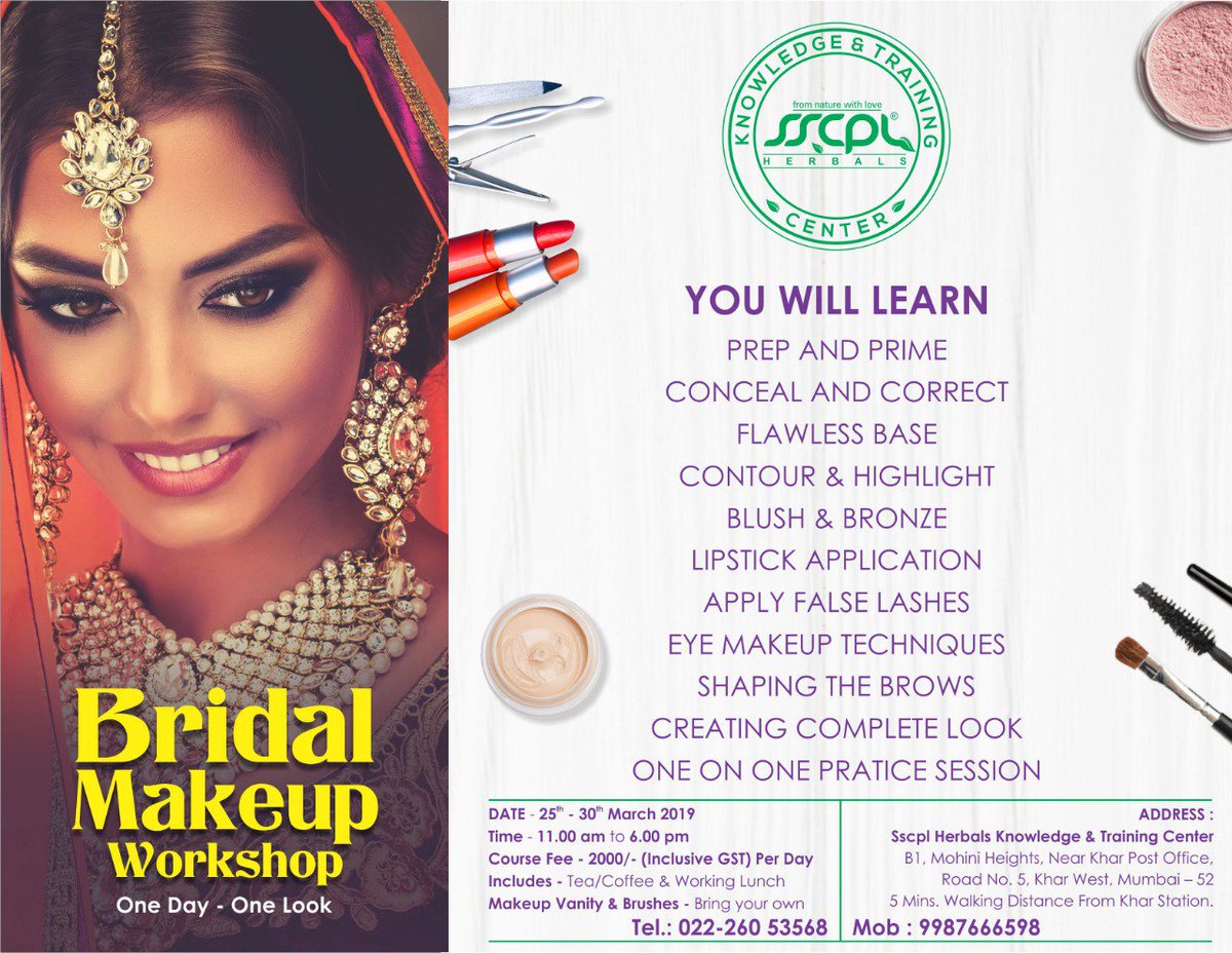 sscplherbals's tweet photo. @sscplherbals Knowledge &amp; Training Center arranging one-day "Bridal Make-up" workshop. Book your seats now!!!
Course Fees - Rs. 2000 Per Person (Per Day)
For admissions please contact us at 9987666598 / 9326710034

#SpaStudio #BeautyTherapies #SkinCare #Bridal #MakeUp https://t.co/jZridysC1h