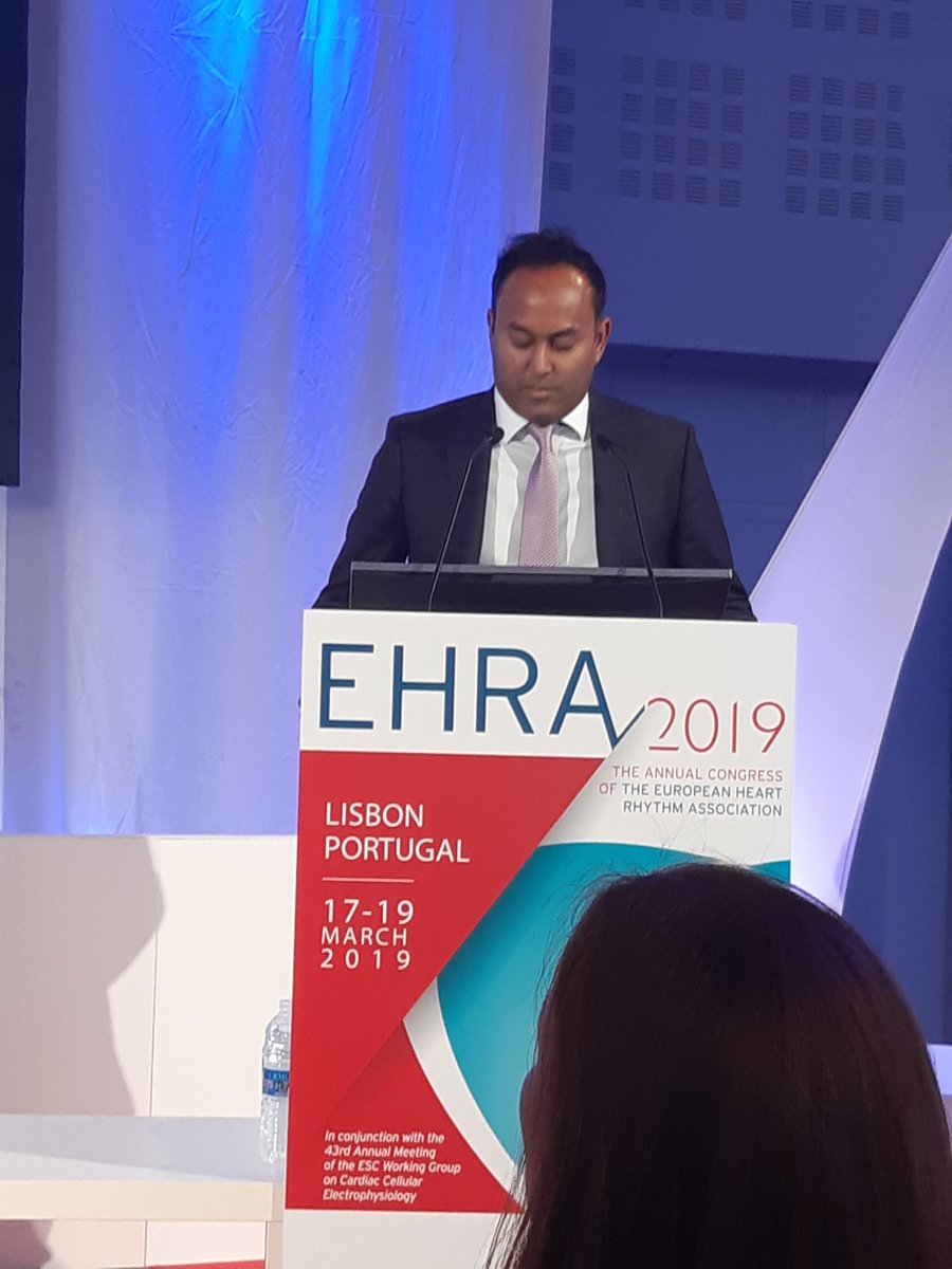 Young investigator awards underway! Tough questions from judges Leclercq, Ernst, van Gelder. @DrAhranArnold presents some impressive data on His pacing for CRT. #EHRA2019