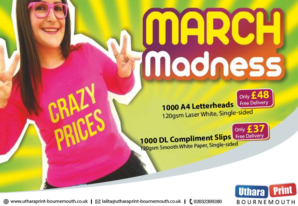 SimonsGrace1's tweet photo. It's March madness!... at Uthara Print. Our madness extends to Free Artwork services on Business cards, Compliment slips and Letterheads. Our madness does not stop there. We have a special offer on our printing products:-
- 1000 A4 Letterheads, 120gsm Laser White paper. https://t.co/WNyiRzV4mH
