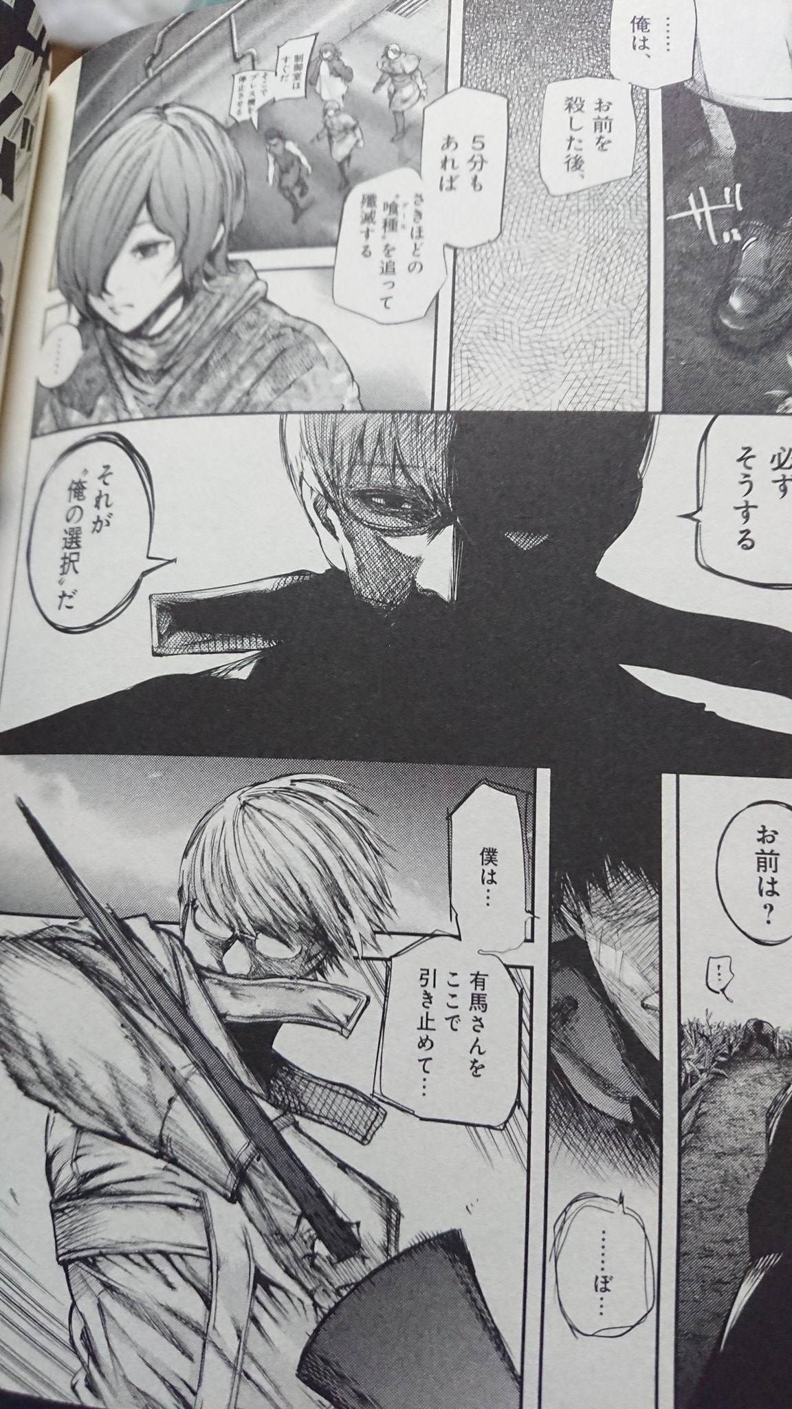 Pillow 普通にスルーしてたけど 有馬さんの 俺の選択 ってトーカちゃんたちを殺すことじゃなく 喰種たちの脅威となること つまり隻眼の王になるという かつての選択だったんだなと わざわざ 二ヶ所に を着けてることを考えるとね T Co