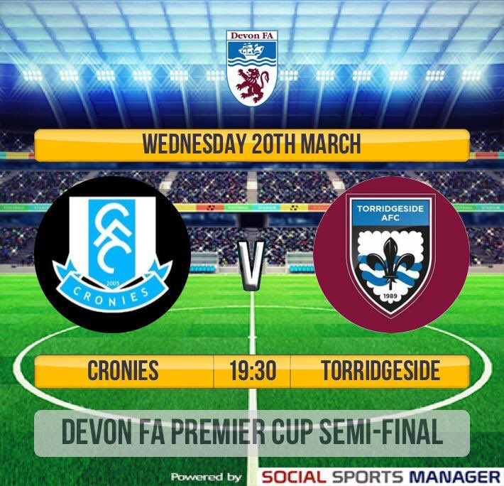 Midweek Football under the lights 😍

⚽️ <a href="/TSide12/">Torridgeside FC</a> 
🏆 <a href="/devon_fa/">Devon County FA</a> Throgmorton Premier Cup Semi Final
 📅 Wednesday 20th March 
⏱19:30
🎟 £4 / £2
📍Edge Down Park, EX16 8AH

#CupRun #CroonArmy ⚽️💙