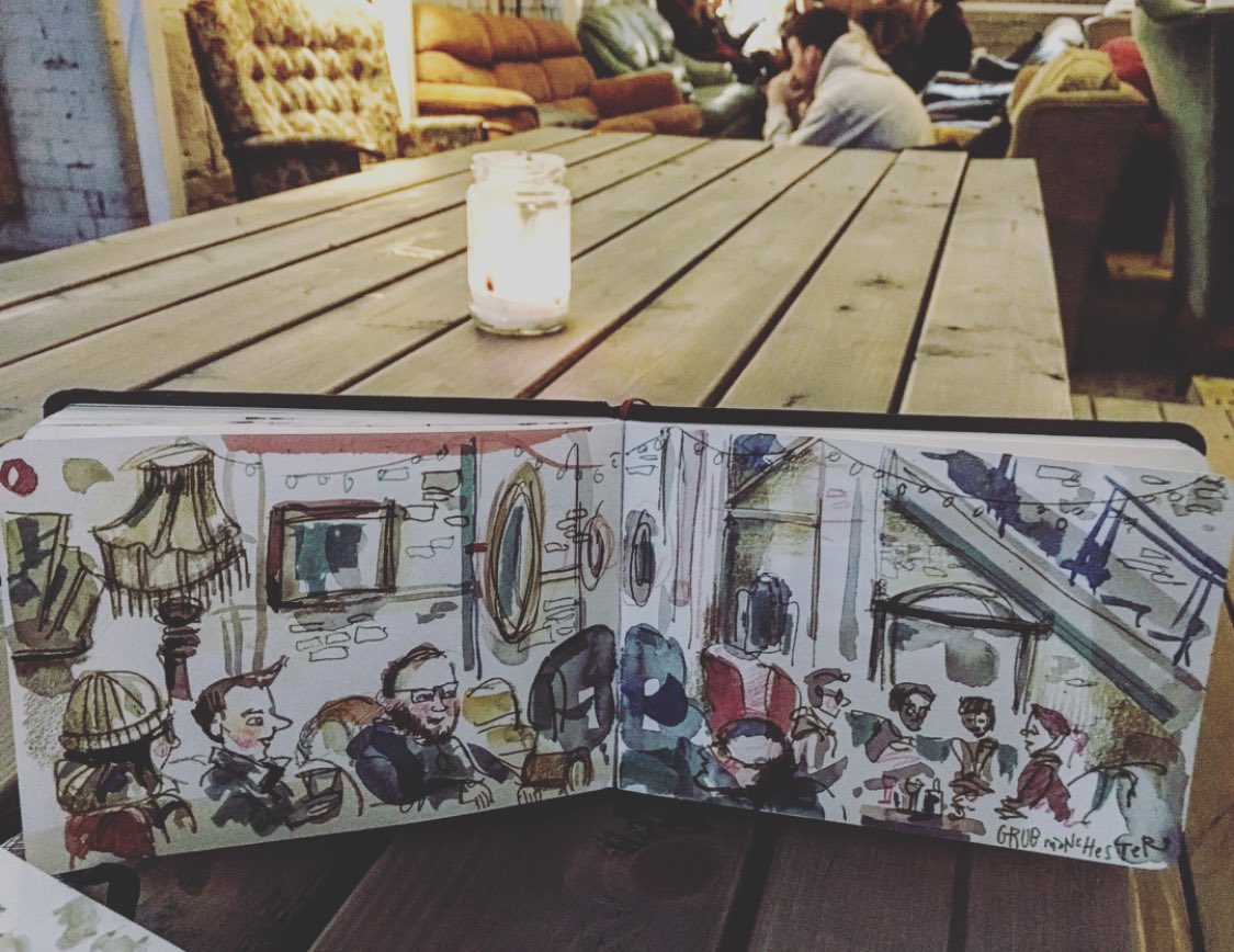 Couple of quick lil sketches over some dead good grub at <a href="/GRUBMCR/">GRUB</a> yesterday. Fairfield Social Club is an awesome place to draw. Must take a bigger book next time. #fairfieldsocialclub #grubmanchester #plantpoweredsunday