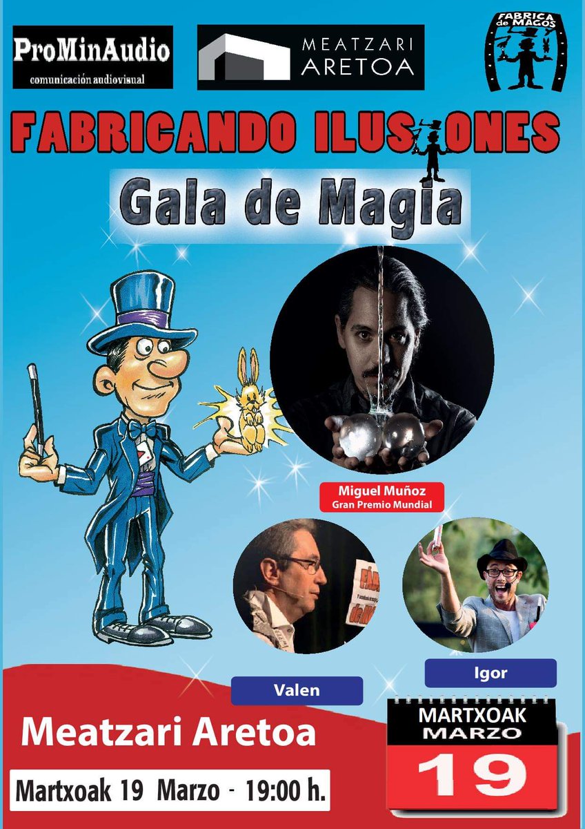 Muskiz's tweet photo. Mañana a la 19:00 horas se abrirá el telón en el #Meatzari Aretoa para la celebración de una Gala de #Magia con la participación de Miguel Muñoz, gran premio #Mundial de magia 2018, además de la participación de Valen e Igor. El precio de la entrada es de 12 euros 🎩 https://t.co/VWwpHOKkBy