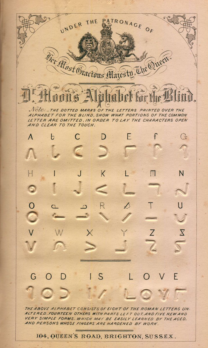 AmericanDistHis's tweet photo. The Moon type, a raised line code based on print letters. Invented by Dr William Moon who lost his vision from scarlet fever. It is almost unknown in US, but it is easier to learn &amp; tactually simpler than Braille. Today, it can also be generated with computer software. #dishist https://t.co/omiwoQCwUT