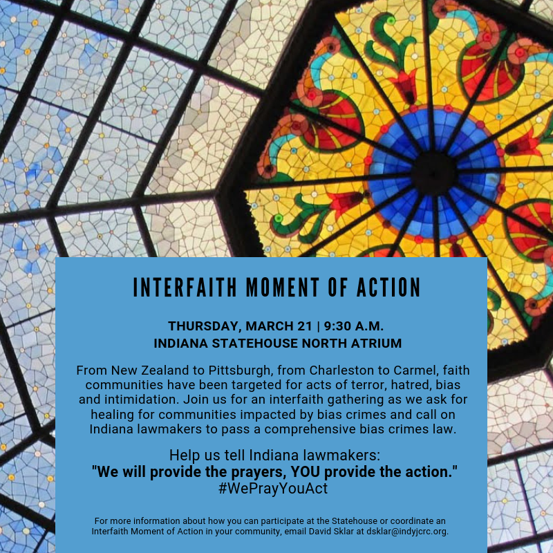 IndianaForward's tweet photo. THIS THURSDAY: Join members of the #IndianaForward campaign as we assemble for an interfaith gathering at the Indiana Statehouse (North Atrium) at 9:30 a.m. #WePrayYouAct #biascrimes. https://t.co/Uy9oPCTDUf