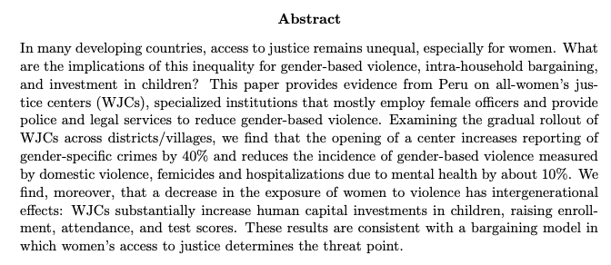 Guadalupe Kavanaugh,  @micasviatschi, & Iva Trako. 2019. "Female Officers, Gender Violence and Human Capital: Evidence from All-Women’s Justice Centers in Peru" http://www.micaelasviatschi.com/wp-content/uploads/2019/02/Peru_paper_working25.pdf