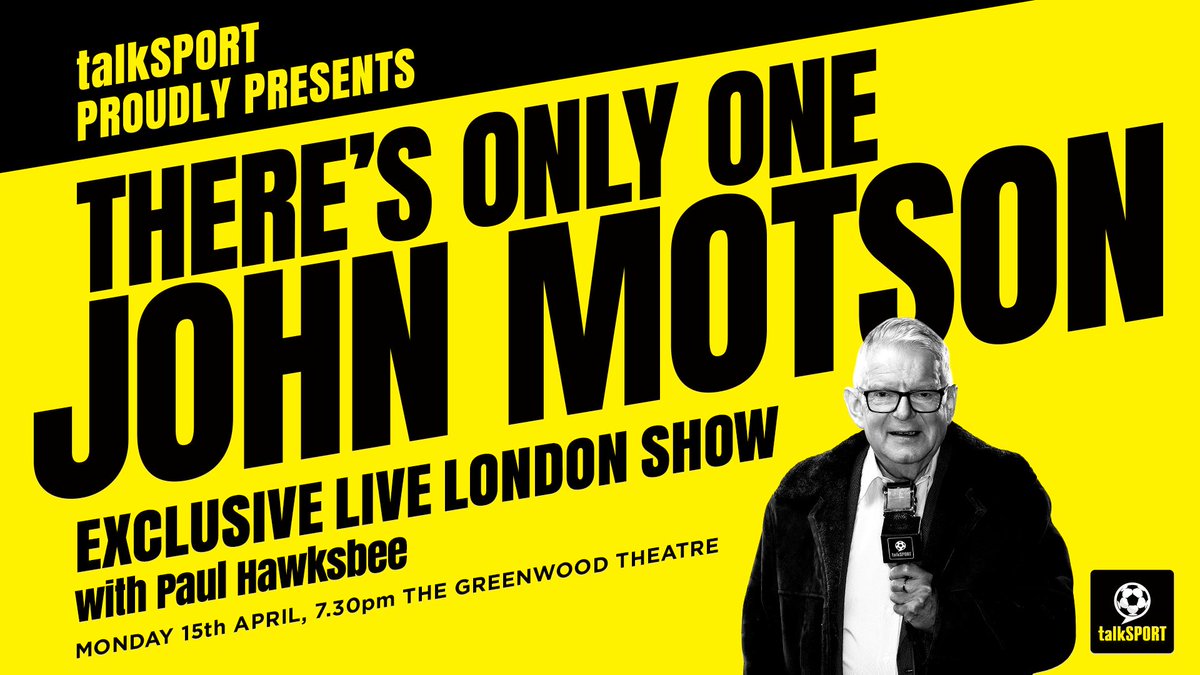 talkSPORT's tweet photo. Tickets are on sale now for our live show with the legendary John Motson 🙌
📅 Mon 15th April 2019
⏰ Show starts at 7.30pm
🏟 Greenwood Theatre
🗣 @PaulHawksbee hosts
Buy tickets: https://t.co/ecaWgNKcu7
#TSLive2019 https://t.co/cnQGJXxGHB