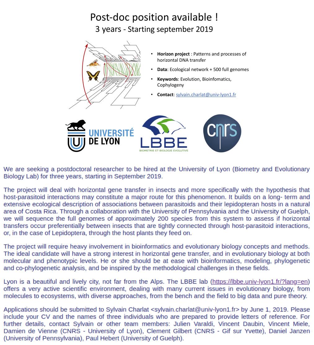 Damien de Vienne 🦋 damdevienne.bsky.social (@damdevienne) on Twitter photo Looking for a postdoc in Evolutionary Biology / Bioinformatics? 
We are offering a 3-year position at <a href="/LbbeLyon/">LBBELyon</a> to work on horizontal gene transfers on a host-parasitoid system. More info: lbbe.univ-lyon1.fr/-Charlat-Sylva… Looking for a postdoc in Evolutionary Biology / Bioinformatics? 
We are offering a 3-year position at <a href="/LbbeLyon/">LBBELyon</a> to work on horizontal gene transfers on a host-parasitoid system. More info: lbbe.univ-lyon1.fr/-Charlat-Sylva…