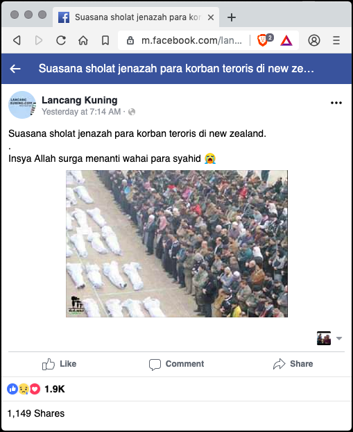 TurnBackHoax's tweet photo. [SALAH] "Suasana sholat jenazah para korban teroris di new zealand"

Foto yang digunakan adalah foto unggahan tahun 2013, yang artinya dari konteks waktu (tahun) tidak cocok karena kejadian ... Selengkapnya di bagian PENJELASAN dan REFERENSI.

https://t.co/NTA3ktyloD #LawanHoax https://t.co/8iOnpVF2Yr