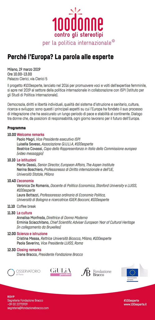 100esperte (@100esperte) on Twitter photo Vi aspettiamo domani a Pzo Clerici x un confronto sull' #Europa in relazione a #istituzioni #cultura #economia #scienza in collab con <a href="/ispionline/">ISPI</a> . Tra le speaker <a href="/BeatriceCovassi/">Beatrice COVASSI</a> <a href="/martadassu/">marta dassù</a> <a href="/VeroDeRomanis/">Veronica De Romanis</a> <a href="/A_Monfreda/">Annalisa Monfreda</a> <a href="/esciacchitano/">Erminia Sciacchitano</a> <a href="/MessaCristina/">Cristina Messa</a> modera <a href="/Palumbo/">Palumbo</a> #100esperte Vi aspettiamo domani a Pzo Clerici x un confronto sull' #Europa in relazione a #istituzioni #cultura #economia #scienza in collab con <a href="/ispionline/">ISPI</a> . Tra le speaker <a href="/BeatriceCovassi/">Beatrice COVASSI</a> <a href="/martadassu/">marta dassù</a> <a href="/VeroDeRomanis/">Veronica De Romanis</a> <a href="/A_Monfreda/">Annalisa Monfreda</a> <a href="/esciacchitano/">Erminia Sciacchitano</a> <a href="/MessaCristina/">Cristina Messa</a> modera <a href="/Palumbo/">Palumbo</a> #100esperte