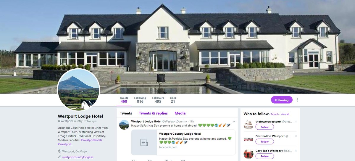 Westport Lodge Hotel
<a href="/WestportCountry/">Westport Country Lodge Hotel</a> 
Luxurious Countryside Hotel, 3Km from Westport Town. &amp; stunning views of Croagh Patrick Traditional Hospitality, Modern Facilities. #Westporthotels #Westport
Westport, Co.Mayo
westportcountrylodge.ie
❤️🇮🇪
#Ireland
#Hotels #Travel #Tourism