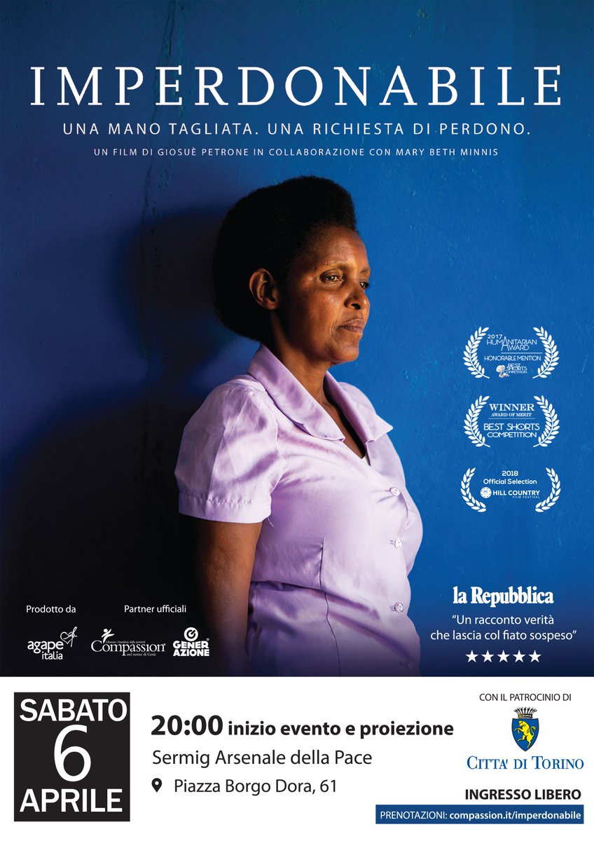 IMPERDONABILE: proiezione gratuita a #Torino!
A 25 anni esatti dal #GENOCIDIO in #RUANDA, #Imperdonabile racconta la storia vera di Alice ed Emmanuel
Guarda il #trailer e prenota il biglietto gratuito su bit.ly/2CgM3HW  #docufilm #documentario #ruanda #sermig #compassion