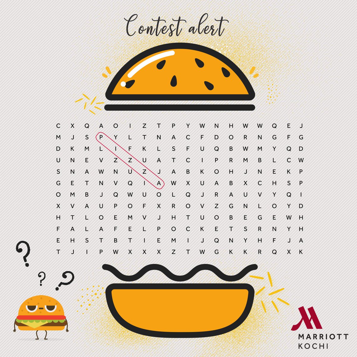 kochimarriott's tweet photo. Hidden in this word puzzle are four dishes from our latest Manhattan Food Promotionl! Find them and you could win a chance to dine with #JimmyRocks!
#KochiMarriott #ContestAlert https://t.co/OzcVfKehOS