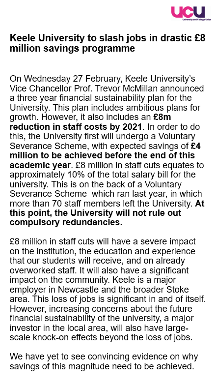 KeeleUCU's tweet photo. Keele UCU Committee statement on the current plan to slash Keele jobs. (Yes it's long, but that's because we have a lot to say.) #savekeele #savekeelejobs https://t.co/yw9BjRbBfs