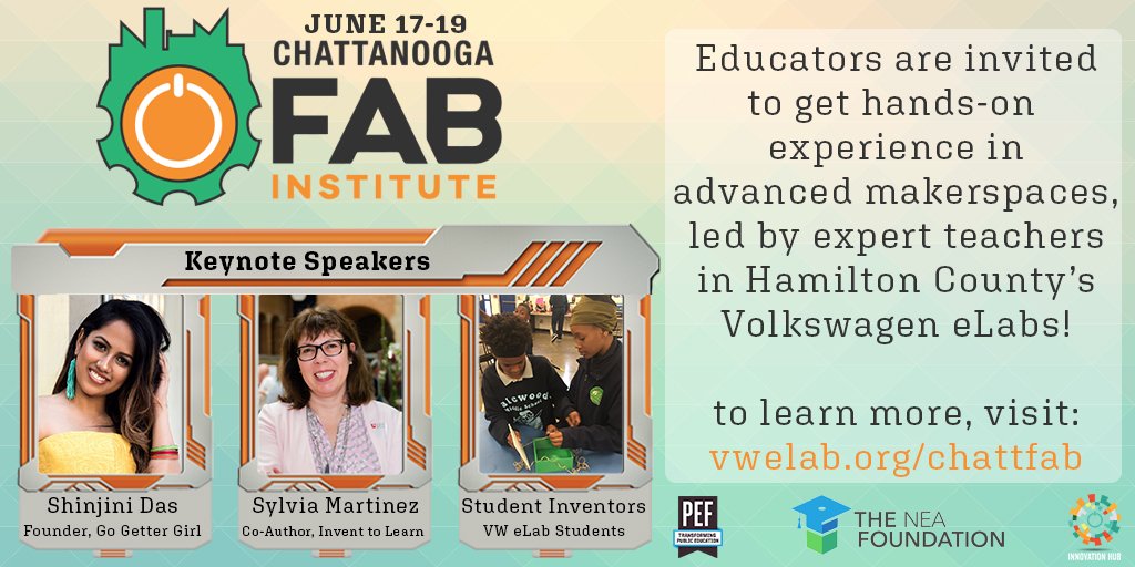 PEF Innovation Hub (@pefinnovation) on Twitter photo Hear from nationally renowned keynote speakers <a href="/SpeakerShinjini/">Shinjini Das</a> and <a href="/smartinez/">Sylvia LibowMartinez</a>, and our very own <a href="/VWeLabs/">VW eLabs</a> student inventors at the 2nd annual Chattanooga Fabrication Institute—a digital fabrication education conference like none other.
vwelab.org/chattfab
<a href="/pefchattanooga/">PEF Chattanooga</a> Hear from nationally renowned keynote speakers <a href="/SpeakerShinjini/">Shinjini Das</a> and <a href="/smartinez/">Sylvia LibowMartinez</a>, and our very own <a href="/VWeLabs/">VW eLabs</a> student inventors at the 2nd annual Chattanooga Fabrication Institute—a digital fabrication education conference like none other.
vwelab.org/chattfab
<a href="/pefchattanooga/">PEF Chattanooga</a>