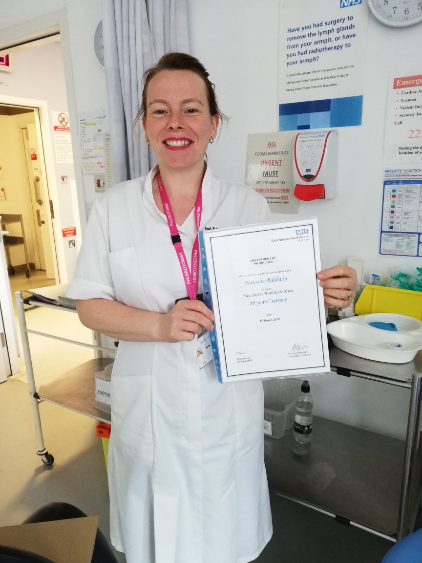 Congratulations to Tasha who has completed 10 years' service in the Conquest Hospital Phlebotomy department.  Thank you Tasha for all your hard work and the care you give. #Phlebotomy #ConquestHospital #Pathology #OurMarvellousTeams