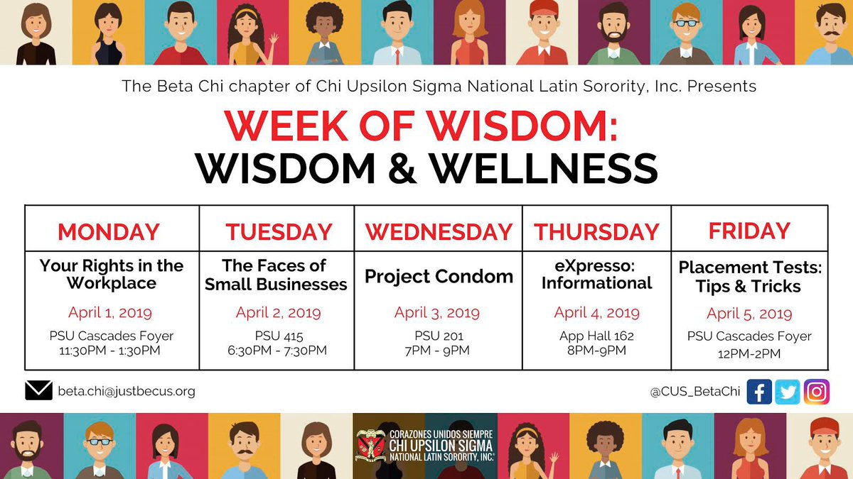 CUS_betachi's tweet photo. *drum roll please* 🥁…
We are excited to announce this year’s Week of Wisdom: Wisdom & Wellness! Be on the look out for more details and prepare to be captivated 🌺
.
.
#WomenOfWisdom #WeekofWisdom #JustBeCus #CUS https://t.co/fal7yQ2xia