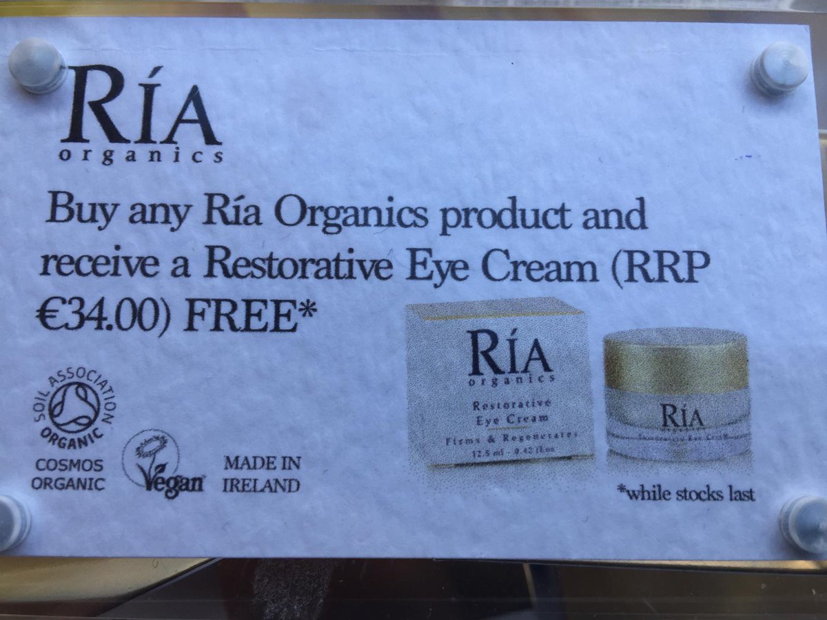 Delighted to offer another great deal to our <a href="/Natures_Gold/">Nature's Gold</a> Greystones customers. Buy any 'Ria Organics' product &amp; receive FREE Restorative Eye Cream worth €34 #madeinireland #vegan #organicskincare Hurry while stocks last !