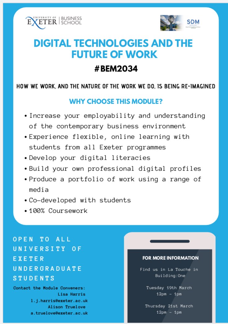 BenjaminWood20's tweet photo. We have this brand new module with 💯% coursework AND open to all undergraduate students! Fewer seminars and lectures with more online learning? Join Digital Technologies and the Future of Work now! #iSTEPexeter #BEM2034 https://t.co/t3Wir7MB2L