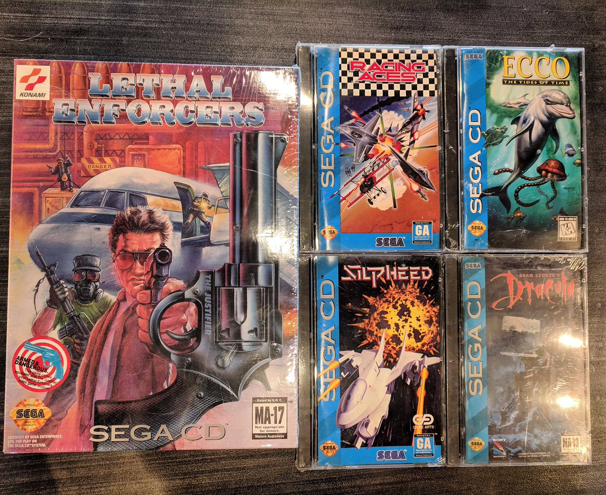 TheGameZoneGZ's tweet photo. TJi!  Sealed #LethalEnforcers and Justifier, #RacingAces, #Ecco, #silpheed, &amp; #bramstokersdracula for #SegaCD! #sega https://t.co/alIhNJOpah