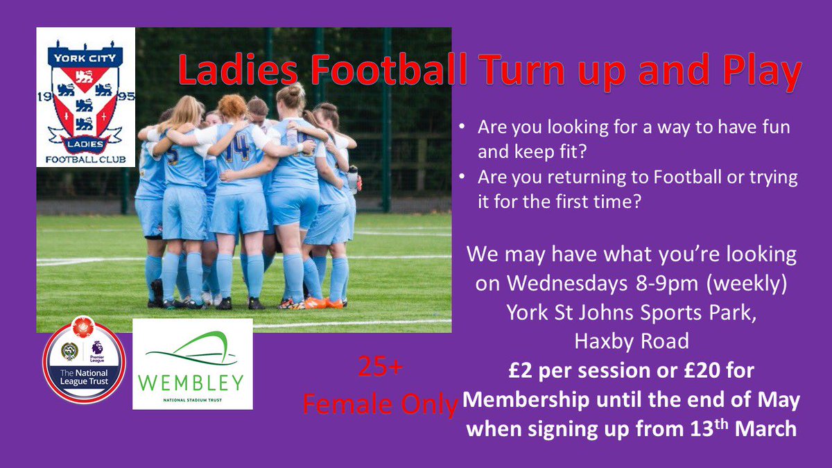 Fantastic Girls &amp; Ladies Only football sessions on this week. Why not get involved and come and try something new with <a href="/YCFCFoundation/">York City FC Foundation</a> 5 - 6pm for Girls 11+ &amp; Ladies 25+ Wednesdays 8 - 9pm. #thisgirlcan <a href="/TheNLTrust/">The National League Trust</a> @WembleyTrust