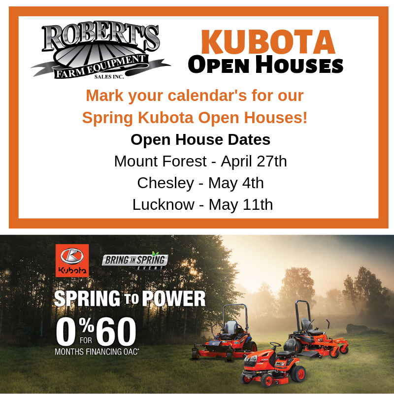 RobertsEquip_'s tweet image. Warmer temperatures are on there way and it time to start thinking about summer and yard work! Make sure to mark our @KubotaCanadaLtd Spring Open Houses on the Calender to take advantage of some awesome deals! #BringInSpring #RFEkubota