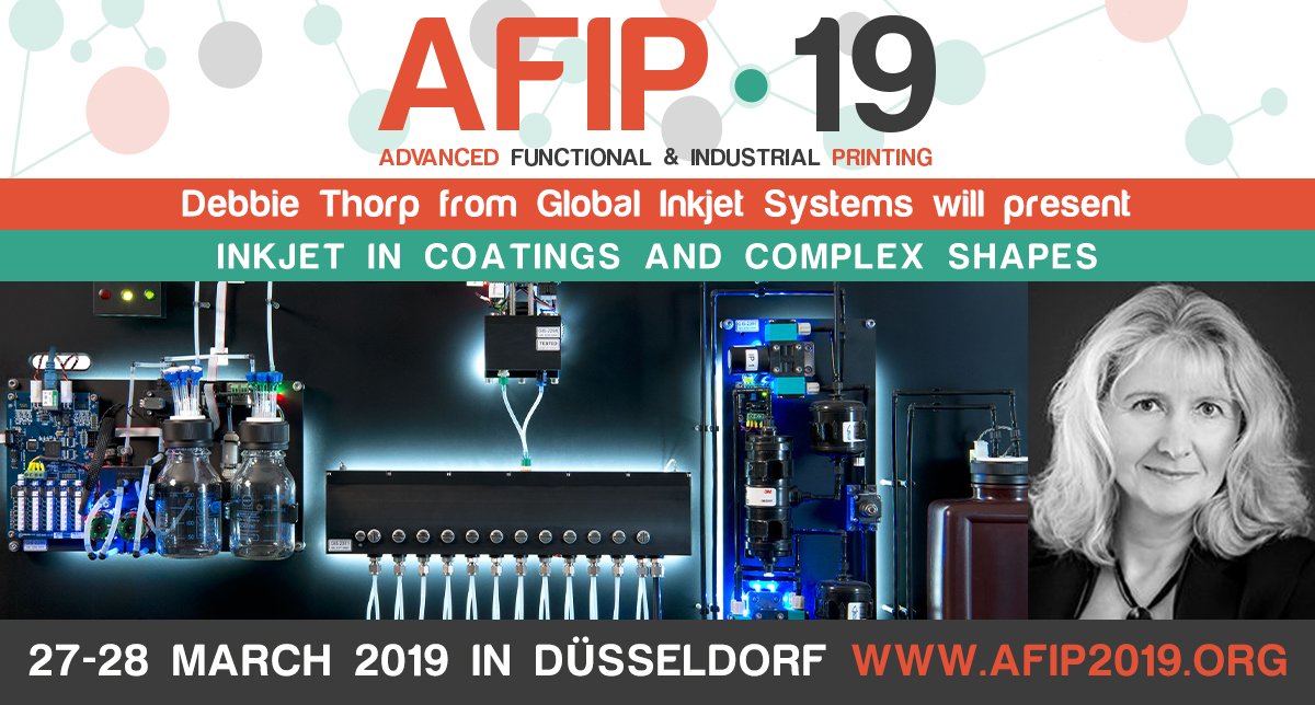 Meet #AFIP2019 speakers: <a href="/debbiethorp/">Debbie Thorp</a> from <a href="/GisInkjet/">GIS - Global Inkjet Systems</a> will present #inkjet in #coatings and complex shapes: Technologies and processes. Check all 25 talks at afip2019.org