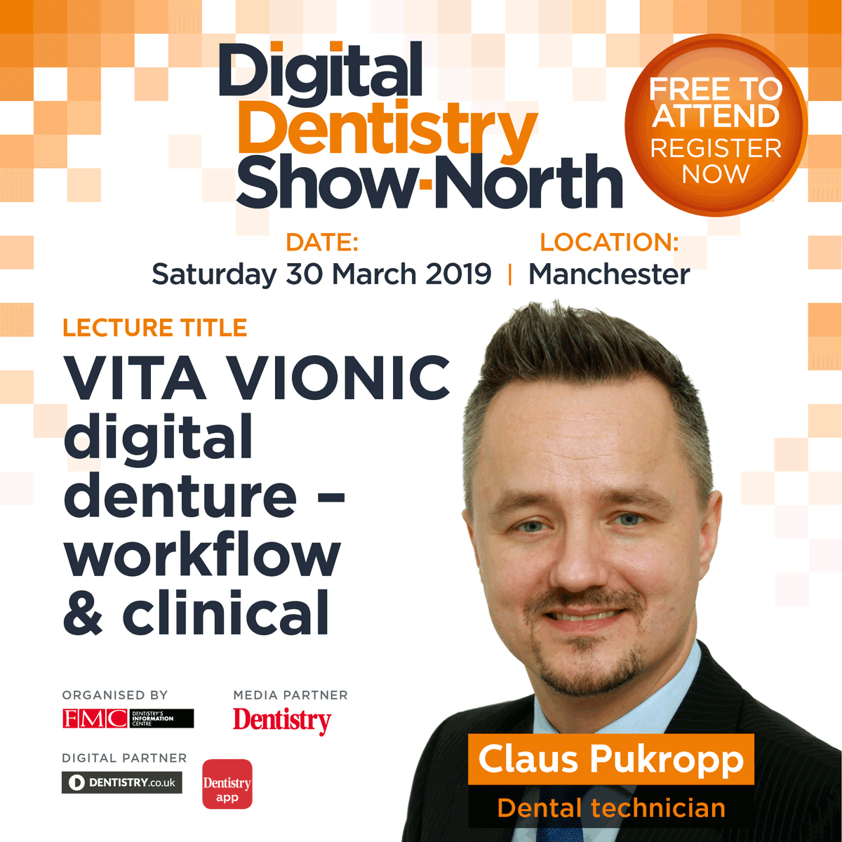 Dentistry's tweet photo. Claus Pukropp will be lecturing about 'digital denture - workflow & clinical' at the Digital Dentistry Show-North on the 30th March in Manchester! Don't miss out and register now for free
👉 https://t.co/8zHVHnAUUz 👈
#touchthetech #dentist #dentistry https://t.co/mWaXEEtQlP
