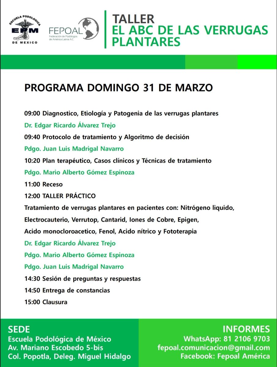 fepoal's tweet photo. Compartimos el programa académico que estaremos realizando el domingo 31 de marzo, les recordamos presentarse con ropa clínica. 
Les informamos que se abrió una nueva fecha para el 26 de mayo, las inscripciones ya están abiertas.
#EPM #FEPOAL #Taller #Verrugas #Plantares #CDMX https://t.co/02Y0ySb7HN