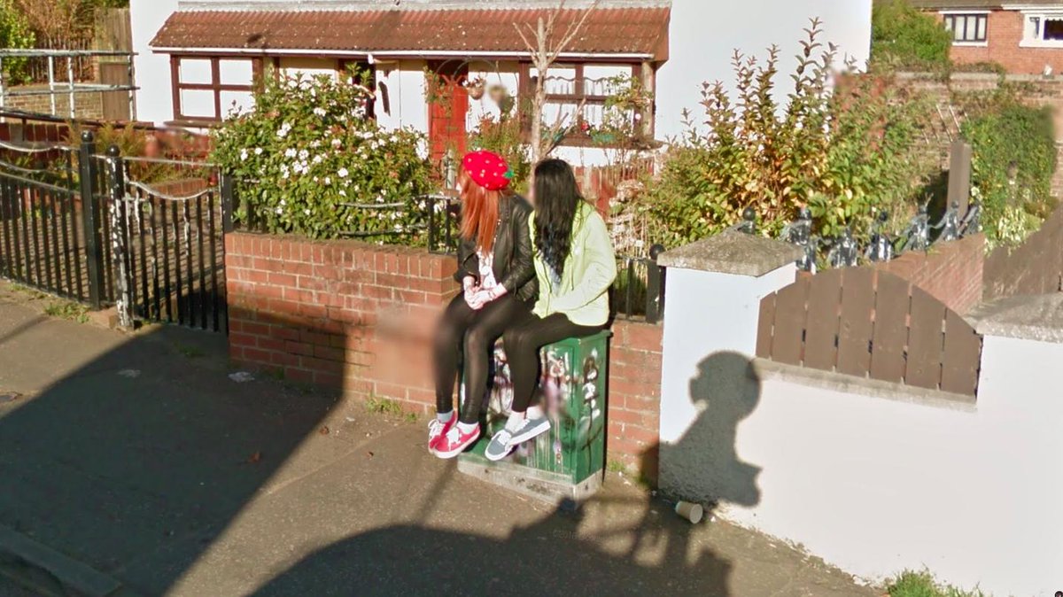 Girls on a green box with shadow / camera. Slievegallion Drive.October 2012.