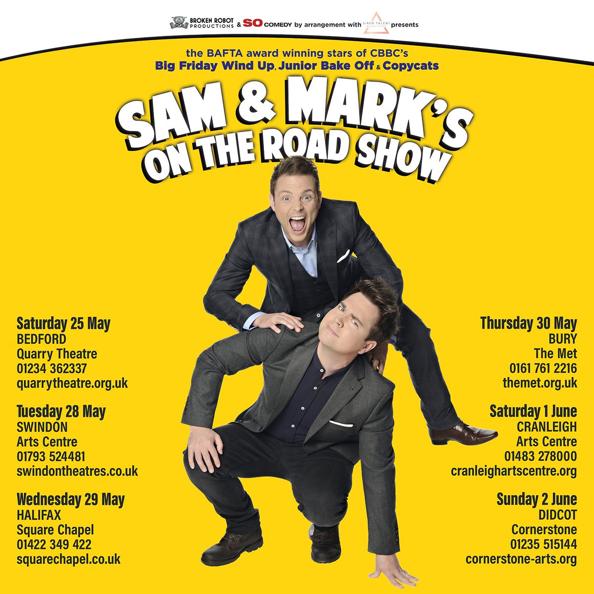 Excited to announce @samandmarktv take their On The Road Show on tour this May half term <a href="/quarryatstlukes/">The Quarry Theatre</a> <a href="/SwindonArtsCent/">Swindon Arts Centre</a> @squarechapel <a href="/themet/">The Met</a> <a href="/cranleigharts/">Cranleigh Arts</a> <a href="/CORNERSTONEfun/">Cornerstone</a> One for all the family. Book now: socomedy.co.uk/artist/sam-mar… <a href="/SO_COMEDY/">SO Comedy</a> pic.x.com/gVj9ZAH8Q5