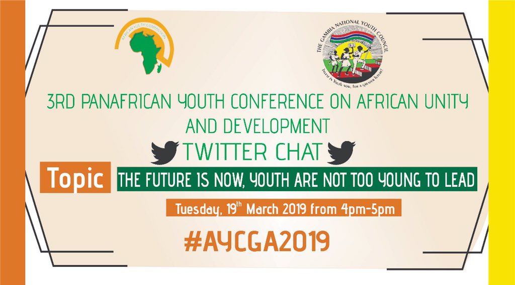 AYCommission's tweet photo. Polite reminder about our Twitter chat happening tomorrow from 4pm WAT. Our hashtag is #AYCGA2019 . We will be discussing the upcoming youth conference and sharing insights on the theme, side events as well as preparations for the big day. Follow and tag @AYCommission #E4all https://t.co/PWAU4X129X