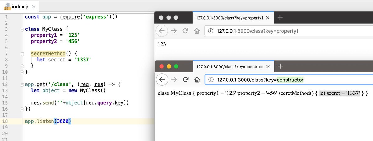 artsploit's tweet image. What a neat 'Function.prototype.toString()' implementation in modern javascript! 
If you can control the key of a class object to be returned, 'constructor'.toString() returns the whole class Source code.