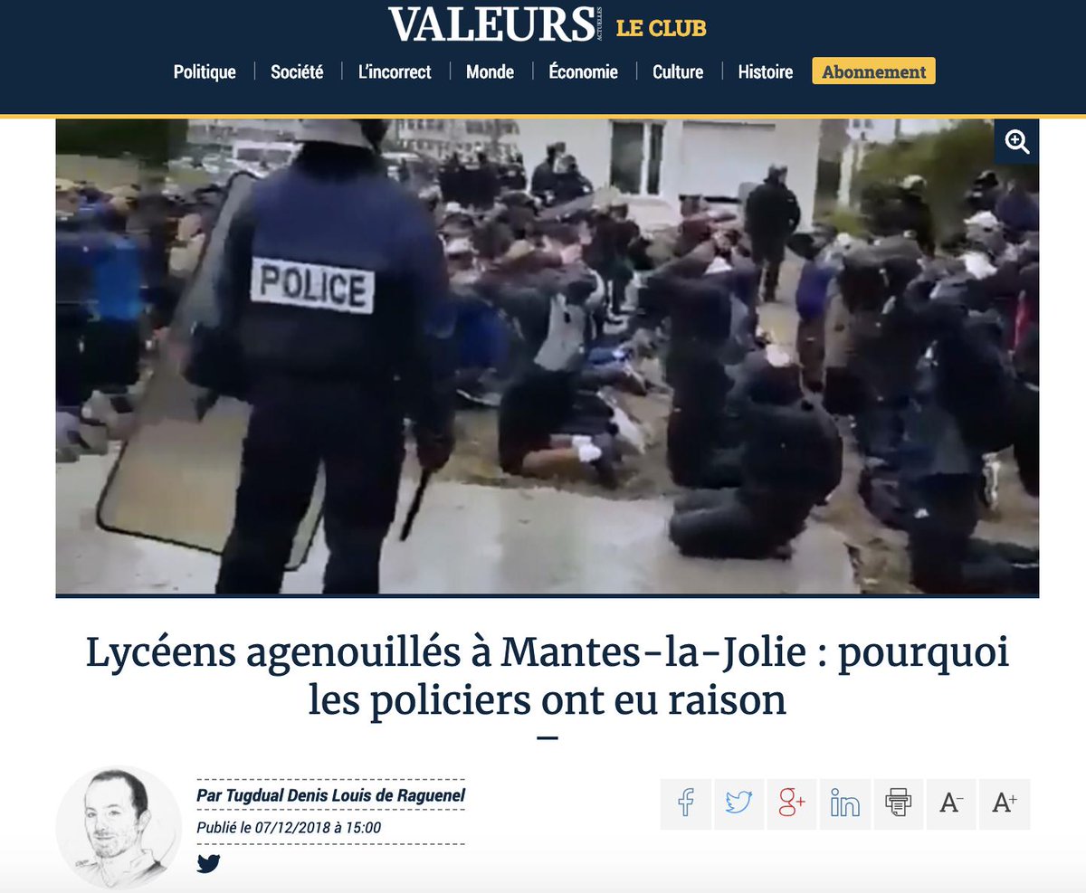 Fr vs. USConservatives in US are fighting for the right to bare arms against a police state. And we consider them "dumb".Conservatives in France are fighting for the right of POLICE to make CHILDREN KNEEL to authority. Can you imagine this reporting by Fox news?