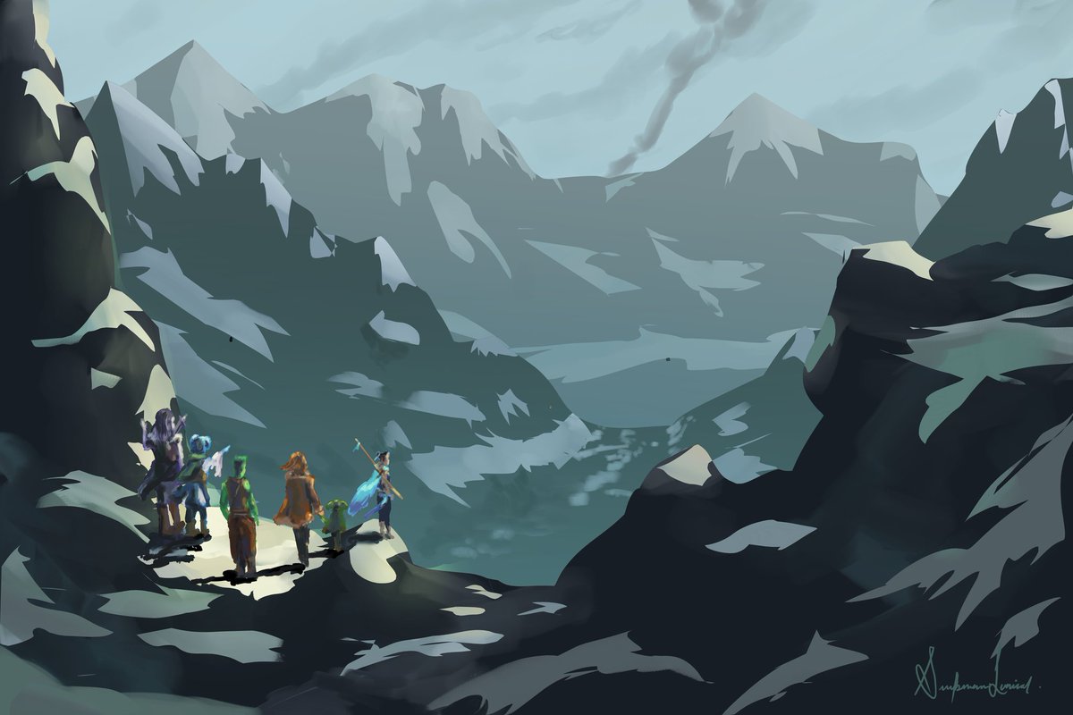needle_n_dread's tweet photo. The Mighty Nein in Xhorhas.
I've been wanting to paint the Xhorhas landscape for a while now. It seemed so beautiful to me.
#criticalrolefanart 
#criticalrole 
#CriticalRoleArt https://t.co/IZOaBzK9Uw