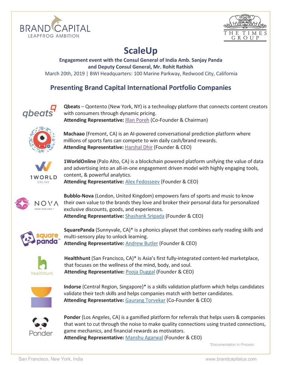 Excellent Effort by Consul General of India in San Francisco Amb Sanjay Panda to engage with Brand Capital companies India bound from the usual <a href="/CGISFO/">India in SF</a> <a href="/harshvshringla/">Harsh V Shringla</a> <a href="/IndianEmbassyUS/">India in USA</a> <a href="/satyan/">Satyan Gajwani</a> <a href="/rsjaitly/">RJ</a> <a href="/piyushpuri13/">Piyush Puri</a> <a href="/BrandCapital1/">Brand Capital</a> <a href="/Shivasregale/">sivakumar sundaram</a> #startups #StartupIndia