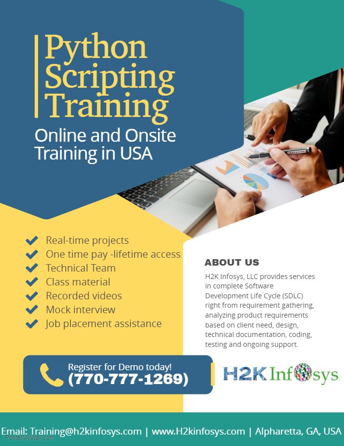 h2kinfosys's tweet image. Learn Python tutorials for beginners
Python programming certification course
Register for DEMO class today!
Call: 770-777-1269
Training@h2kinfosys.com
#pythontutorial #learnpython #bestwaytolearnpython #pythonclass #pythoncourse #pythontraining