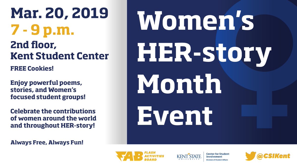 Engage with various women's centered departments, organizations, and initiatives. Plus a performance by the <a href="/KSUFlashettes/">Flashettes</a>! BE THERE! #FAB_Events #TheFutureIsFeminist #WomensHERstoryEvent 

⏰ Wednesday at 7 p.m. 
📍 2nd floor, <a href="/KentStudentCntr/">Kent Student Center</a>