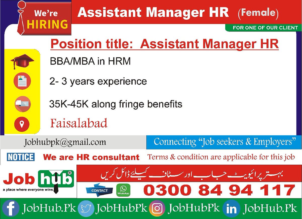 JobHubHR's tweet photo. Assistant Manager HR required for our client in Faisalabad. Apply today! #HR #HRjobs #Career #AMHR #JobsinLahore #HRM #BBA #MBA https://t.co/jdCwbUXr3s